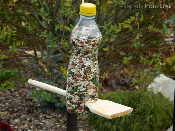 Kŕmidlo pre vtáky z plastovej fľaše